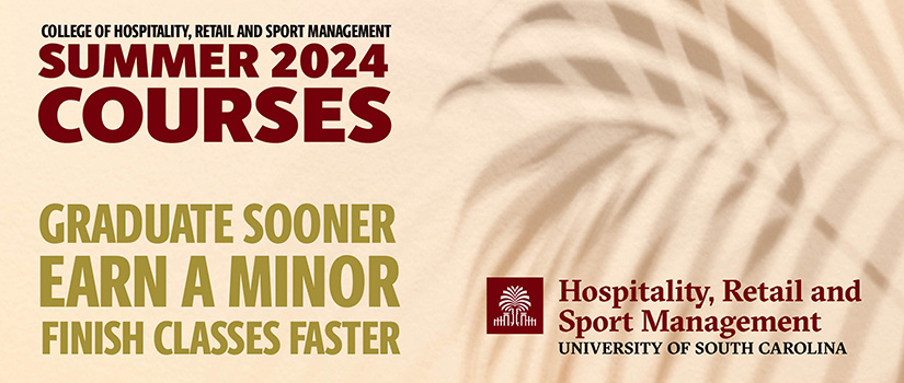 Graphic with a palmetto tree shadow in the background with the text "HRSM Summer Courses, Graduate Sooner, Earn a Minor, Finish Classes Faster"