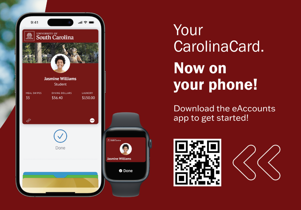 Flyer for Mobile CarolinaCard showing a phone and smartwatch, 