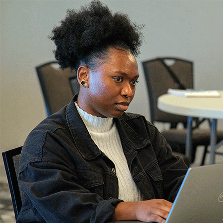 Student sits at computer displaying a graph, in front of a faculty member in the background