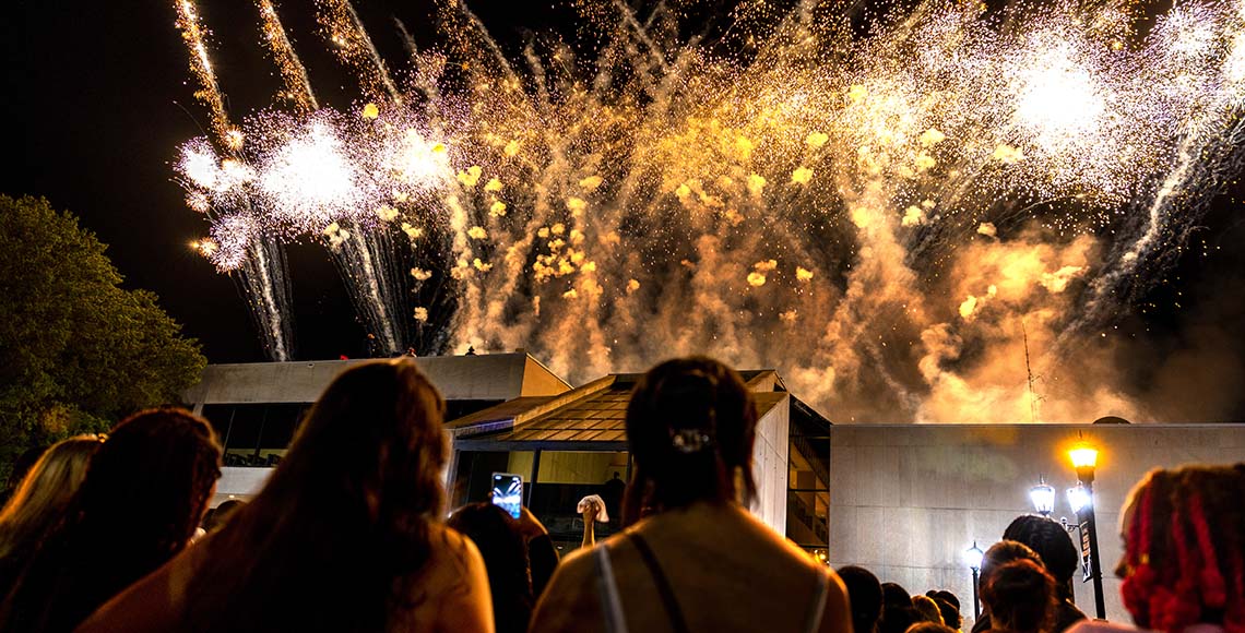 Fireworks going off on top of the Russell House