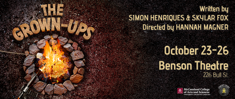 Image of a campfire on the left with the words "The Grown-Ups" carved in wood over it. Dates of the production on the right.