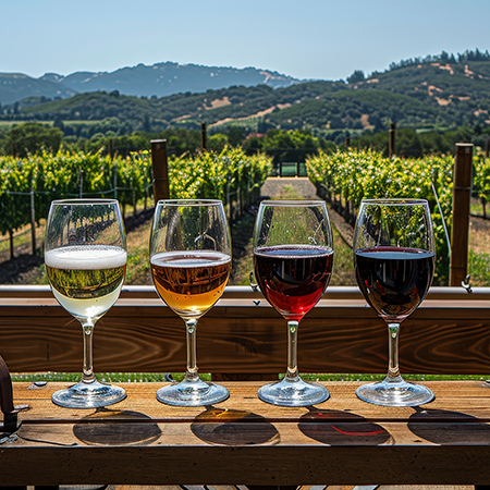 A Napa Valley wine tasting with rows of wine barrels, a vineyard backdrop, and glasses of red and white wine