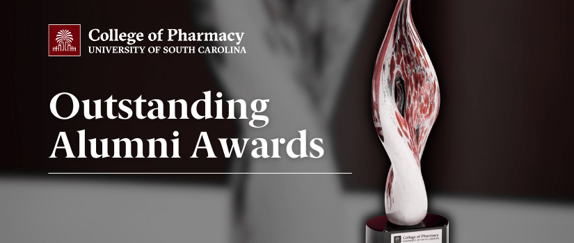 College of Pharmacy logo, Outstanding Alumni Awards, flame-shaped trophy