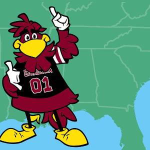 Cocky mascot overlayed the southeastern united states